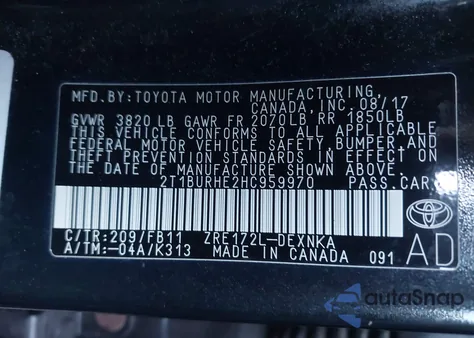 2017 Toyota Corolla L from USA, damaged, VIN 2T1BURHE2HC959970